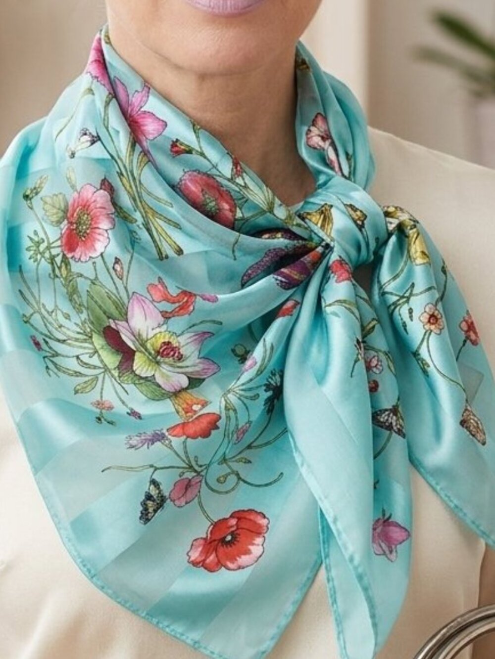 Womens Teal Blue Square Floral Neck Scarf Butterflies Flowers Luxury Feels Silky